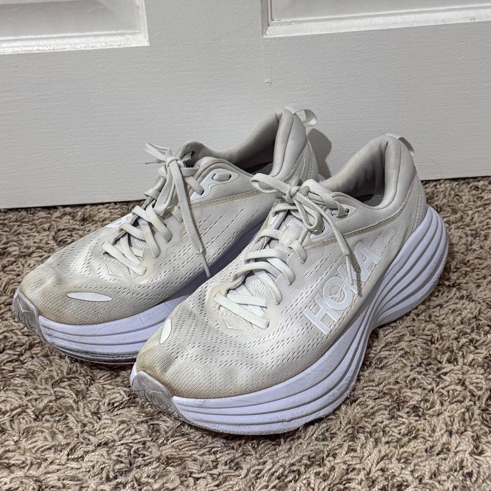Hoka Bondi 8 Womens White Silver Running Shoes Sneakers Low Top 1127952